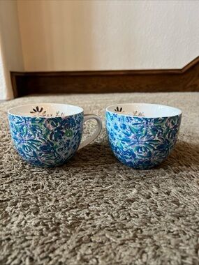 Lilly Pulitzer Coffee Mugs Set of 2 High Maintenance Blue Purple Floral Ceramic
